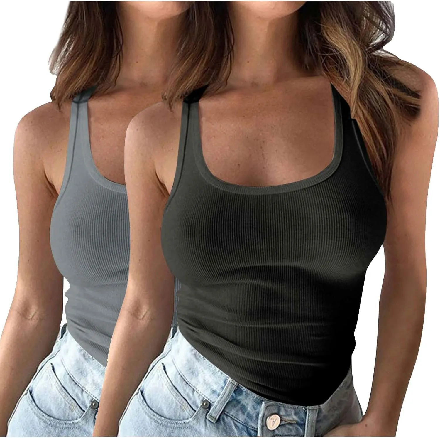 2 Pack Summer Basic Ribbed Tank Tops Women Sexy U Neck Workout Casual Sleeveless T-Shirts Stretchy Gym Cami Shirts