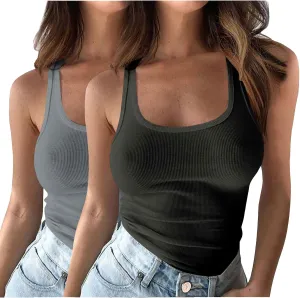 2 Pack Summer Basic Ribbed Tank Tops Women Sexy U Neck Workout Casual Sleeveless T-Shirts Stretchy Gym Cami Shirts