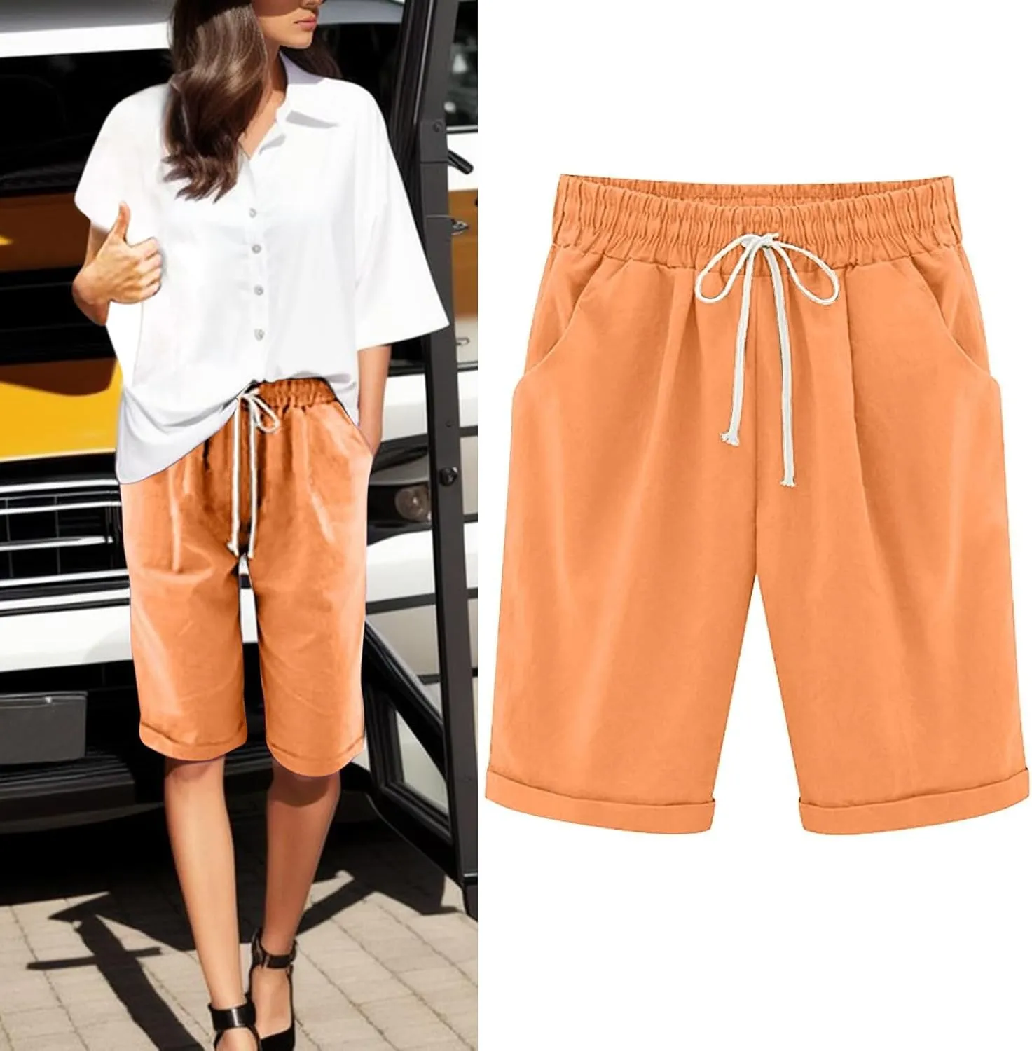 AMDBEL Womens Bermuda Shorts Plus Size Summer Sweat Shorts with Deep Pockets Cotton Shorts for Women Gym Workout