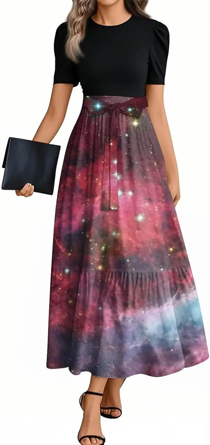 Church Dresses for Women Summer Short Sleeve Floral Long Dress Elegant Party Cocktail A Line Flowy Maxi Dress