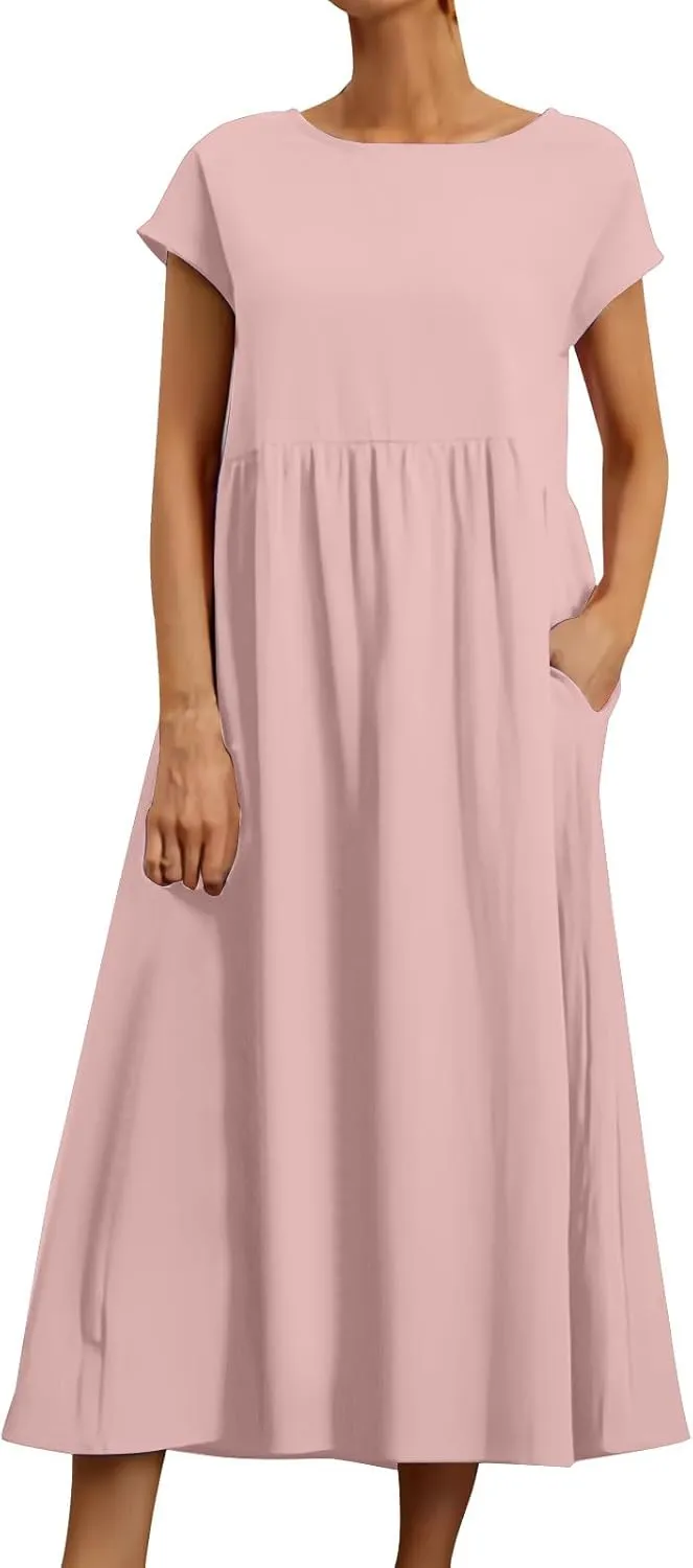 Cotton Linen Maxi Dress for Women 2025 Summer Boho Casual Beach Dresses Short Sleeve Long Dress Vacation Outfits