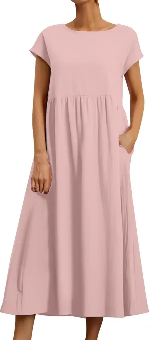 Cotton Linen Maxi Dress for Women 2025 Summer Boho Casual Beach Dresses Short Sleeve Long Dress Vacation Outfits