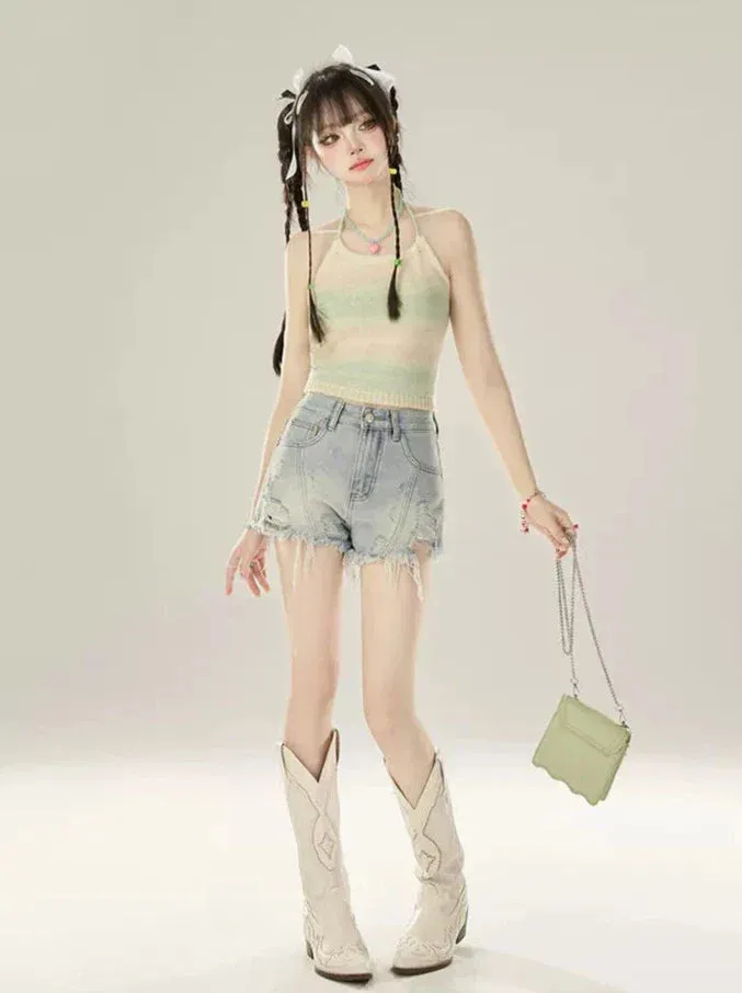 Damaged Fringe Low Denim Shorts