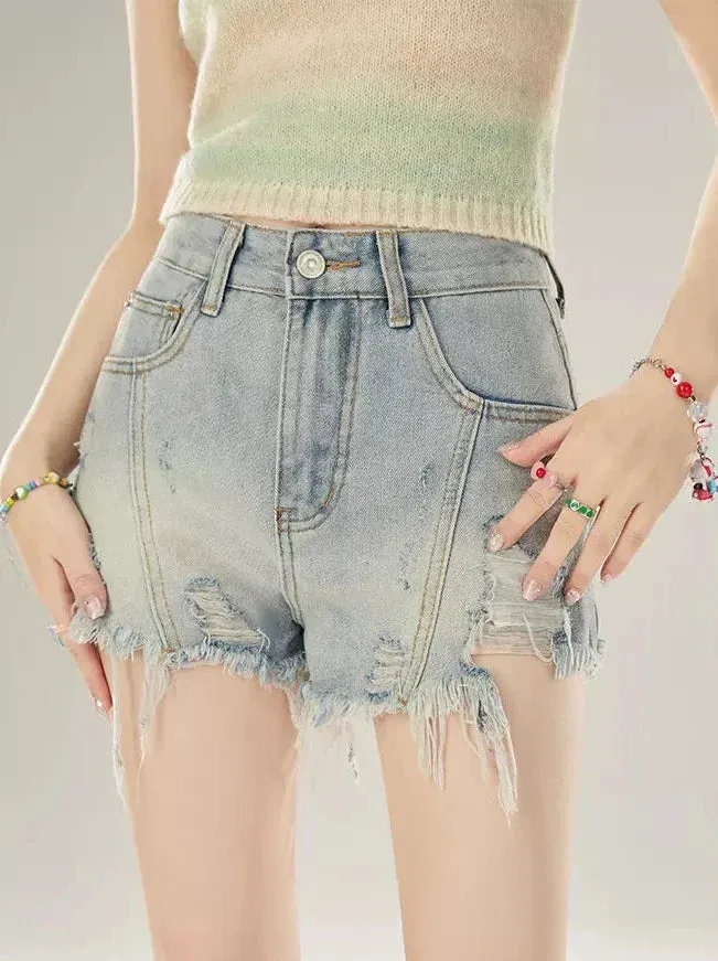 Damaged Fringe Low Denim Shorts
