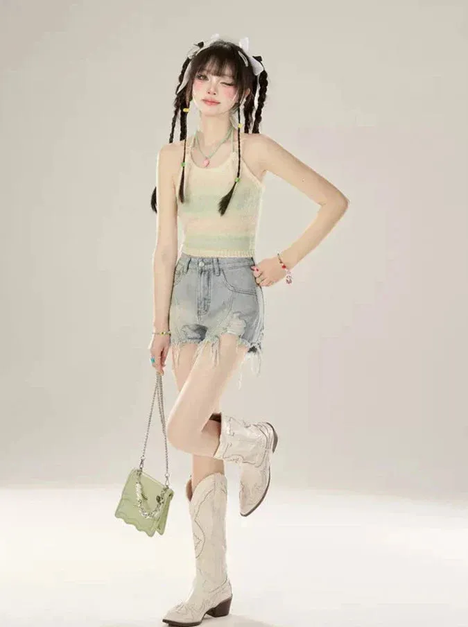 Damaged Fringe Low Denim Shorts