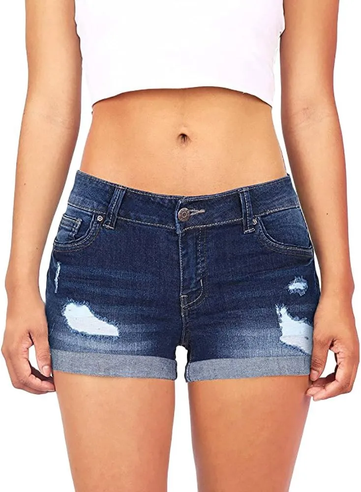 Denim Shorts for Women High Waisted Plus Size Stretchable Trendy Ripped Hole Mom Shorts Jeans Solid Folded Hem Hot Shorts Summer Shorts for Women