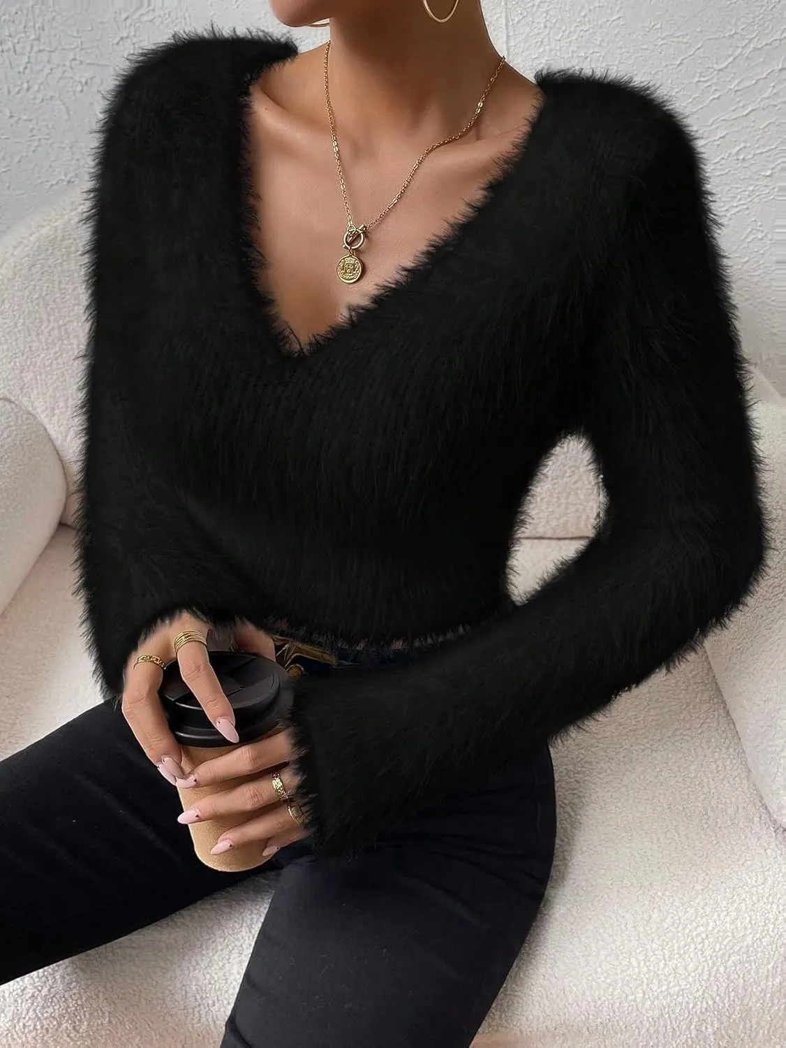 Fuzzy Sweater for Women Long Sleeve V Neck Crop Sweater Cute Plain Fitted Warm Crop Tops Knitwear Sweater Short Tops