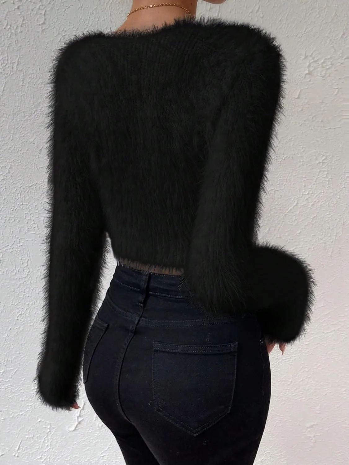 Fuzzy Sweater for Women Long Sleeve V Neck Crop Sweater Cute Plain Fitted Warm Crop Tops Knitwear Sweater Short Tops