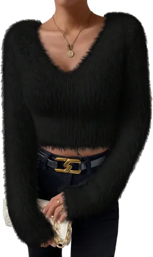 Fuzzy Sweater for Women Long Sleeve V Neck Crop Sweater Cute Plain Fitted Warm Crop Tops Knitwear Sweater Short Tops