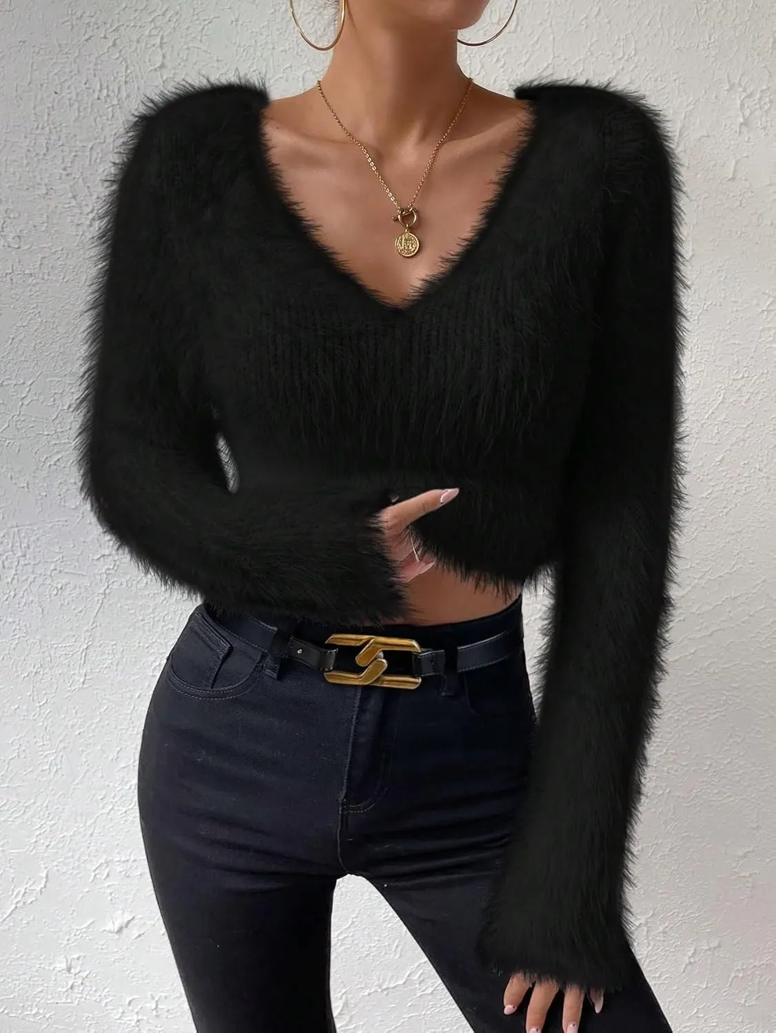 Fuzzy Sweater for Women Long Sleeve V Neck Crop Sweater Cute Plain Fitted Warm Crop Tops Knitwear Sweater Short Tops