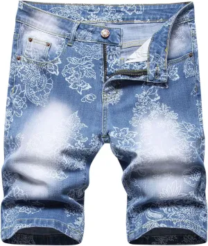 Jean Shorts Men 2023 Vintage Print Distressed Stretchy Linen Shorts with Pockets Causal Denim Shorts 6" Inseam