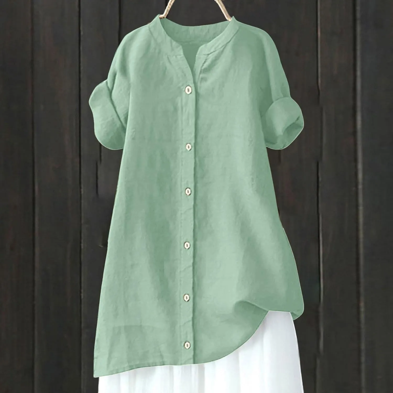 Linen Shirts for Women 2025 Gauze Short Sleeve V Neck Button Loose Fit Blouses Vacation Dress Casual Tunic Tops
