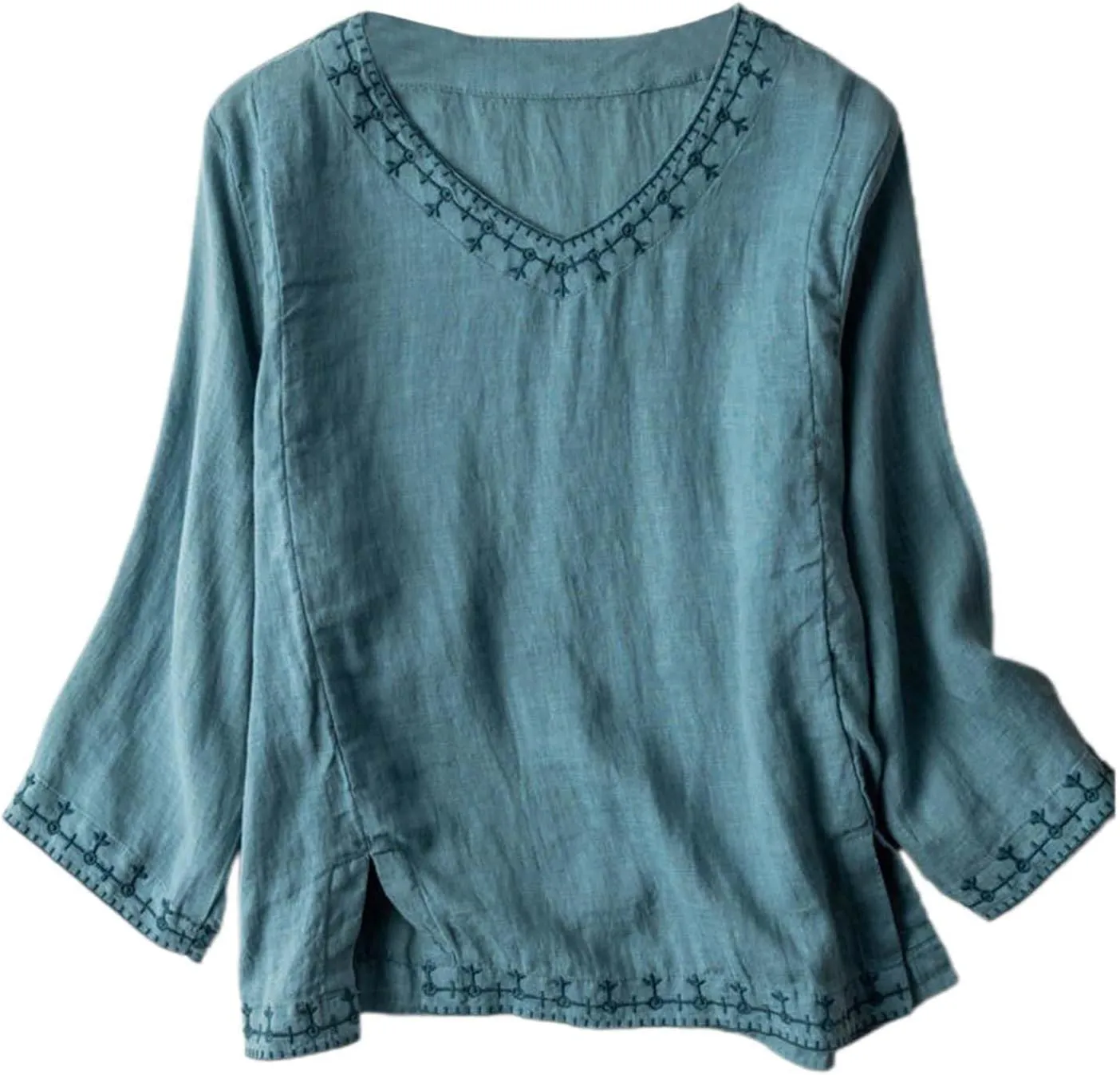 Linen Shirts for Women Crewneck Retro Blouses Boho Summer Tee Shirt Long Sleeve Loose Tunic Tops