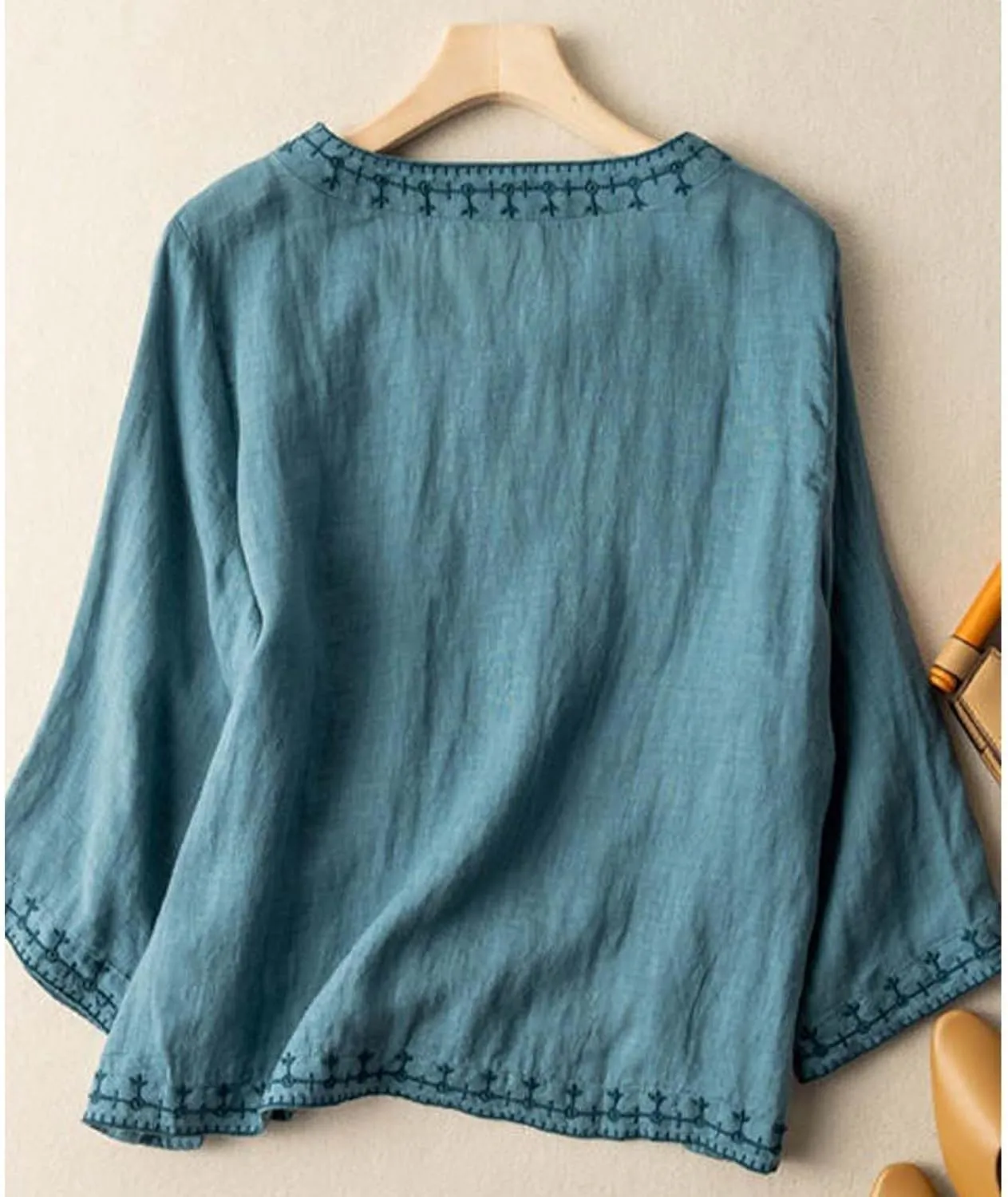 Linen Shirts for Women Crewneck Retro Blouses Boho Summer Tee Shirt Long Sleeve Loose Tunic Tops