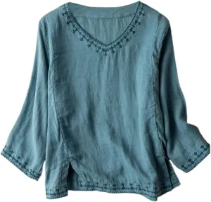 Linen Shirts for Women Crewneck Retro Blouses Boho Summer Tee Shirt Long Sleeve Loose Tunic Tops