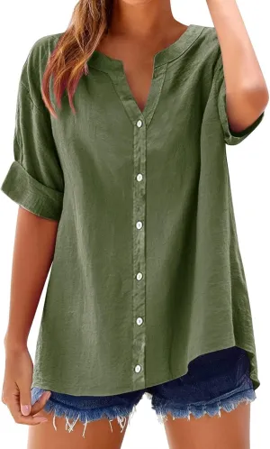 Linen Shirts for Women Solid V Neck Roll up Sleeve Tee Vacation Boho Summer Tops Vintage Beach Blouse Travel Clothes