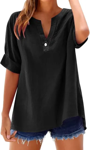 Linen Shirts for Women Solid V Neck Roll up Sleeve Tee Vacation Boho Summer Tops Vintage Beach Blouse Travel Clothes