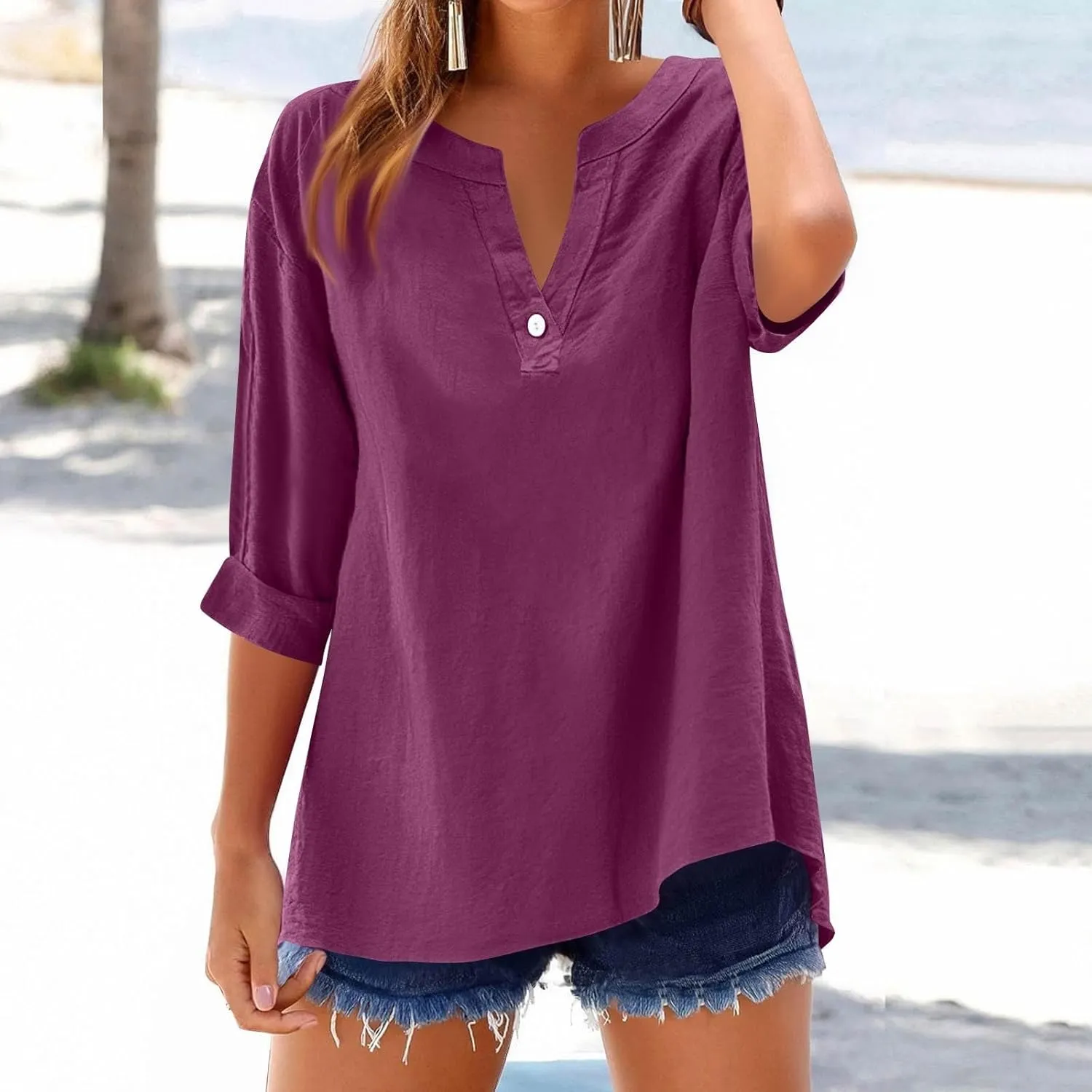 Linen Shirts for Women Summer 3/4 Sleeve Button V Neck Solid Color Cotton Linen Gauze Shirt Casual Office Tshirts