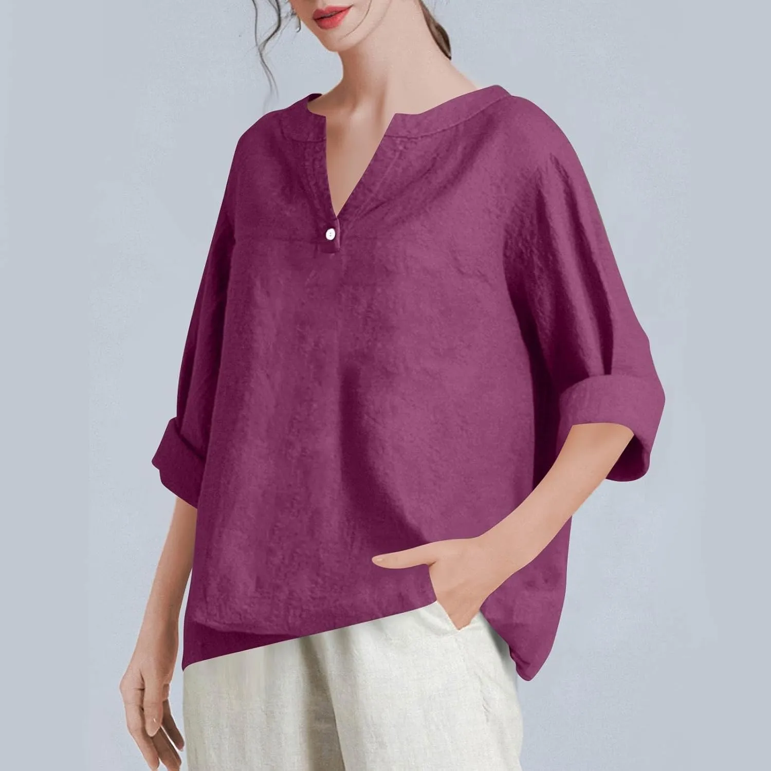 Linen Shirts for Women Summer 3/4 Sleeve Button V Neck Solid Color Cotton Linen Gauze Shirt Casual Office Tshirts