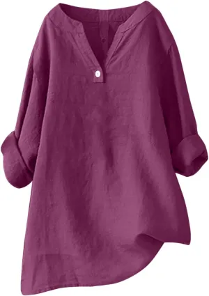Linen Shirts for Women Summer 3/4 Sleeve Button V Neck Solid Color Cotton Linen Gauze Shirt Casual Office Tshirts