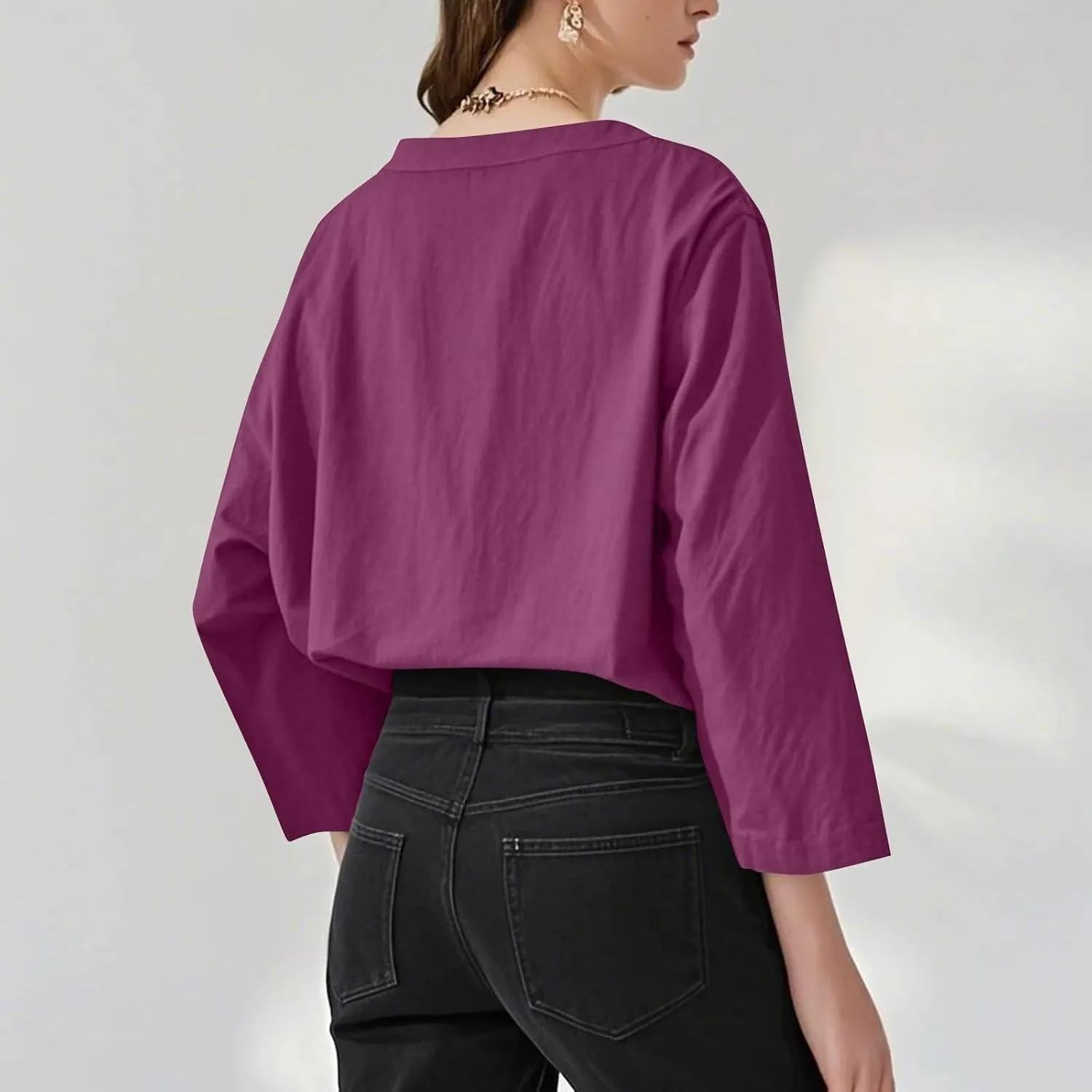 Linen Shirts for Women Summer 3/4 Sleeve Button V Neck Solid Color Cotton Linen Gauze Shirt Casual Office Tshirts