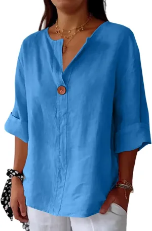 Linen Shirts for Women Summer Gauze Cotton Linen V Neck 3/4 Sleeve Tops Solid Color Loose Business Tunic Blouses