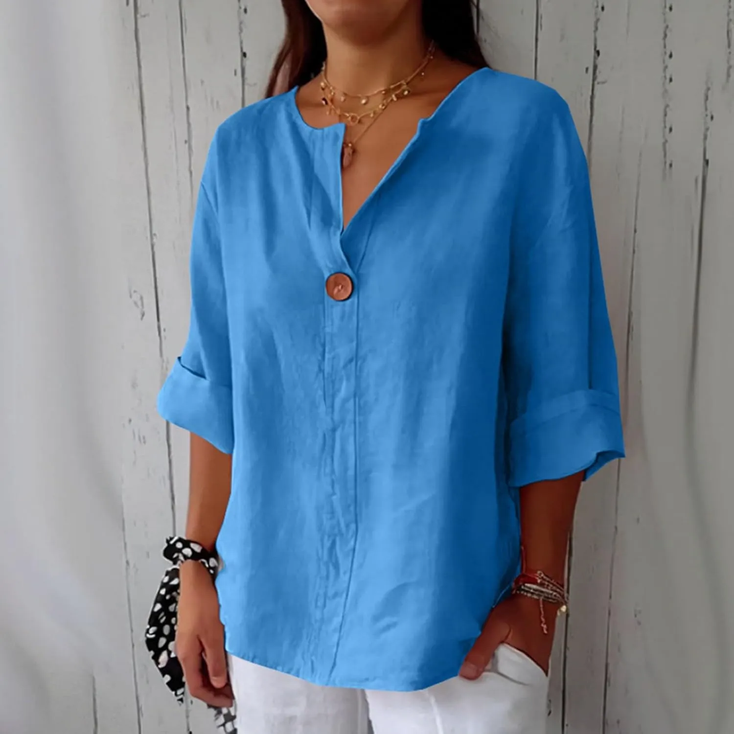 Linen Shirts for Women Summer Gauze Cotton Linen V Neck 3/4 Sleeve Tops Solid Color Loose Business Tunic Blouses