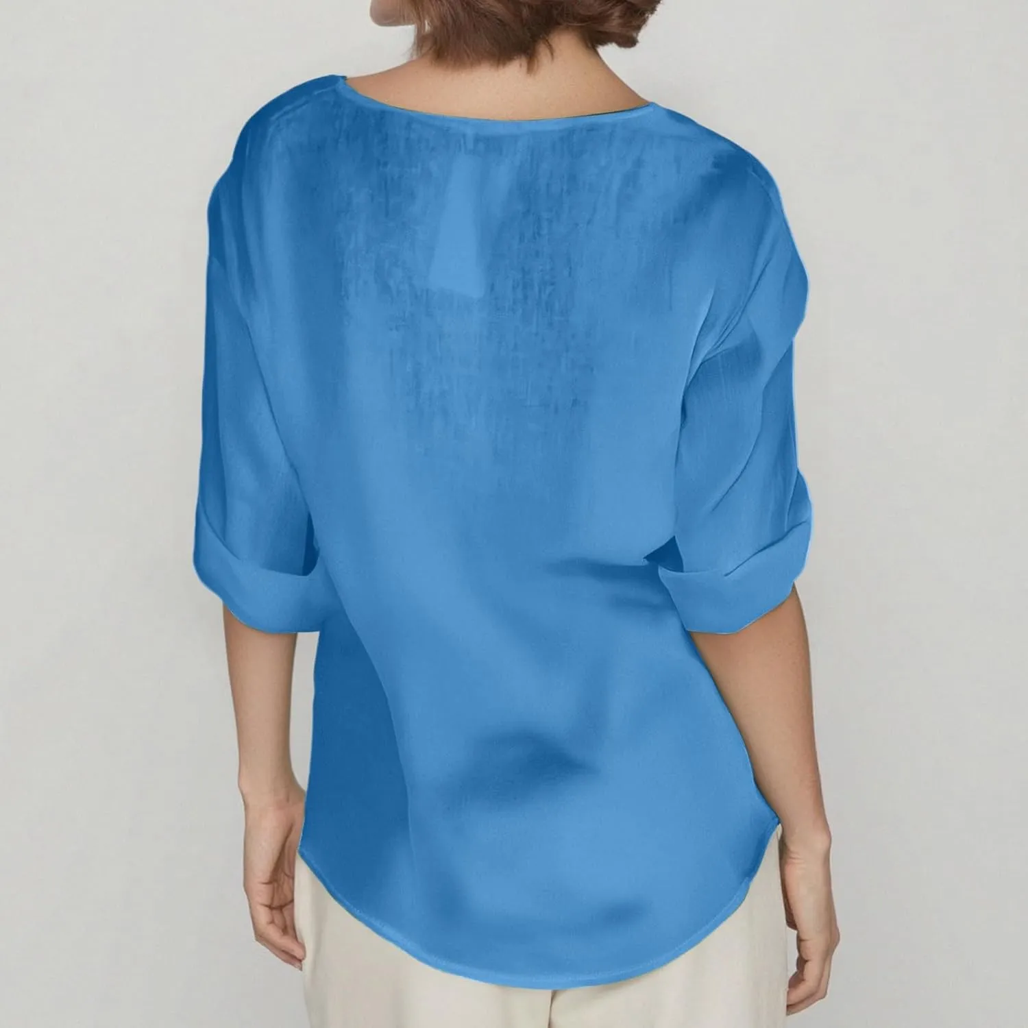 Linen Shirts for Women Summer Gauze Cotton Linen V Neck 3/4 Sleeve Tops Solid Color Loose Business Tunic Blouses