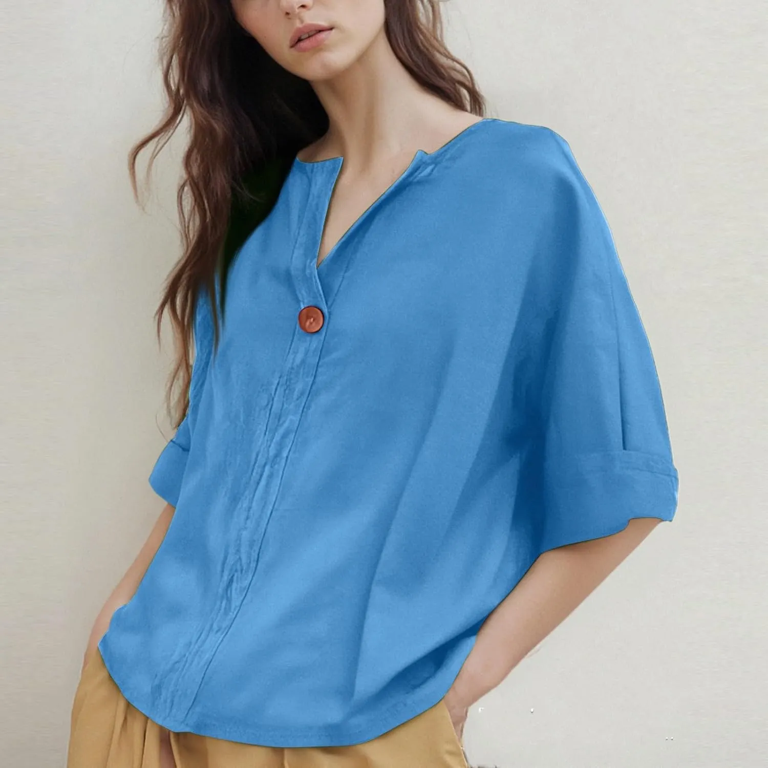 Linen Shirts for Women Summer Gauze Cotton Linen V Neck 3/4 Sleeve Tops Solid Color Loose Business Tunic Blouses