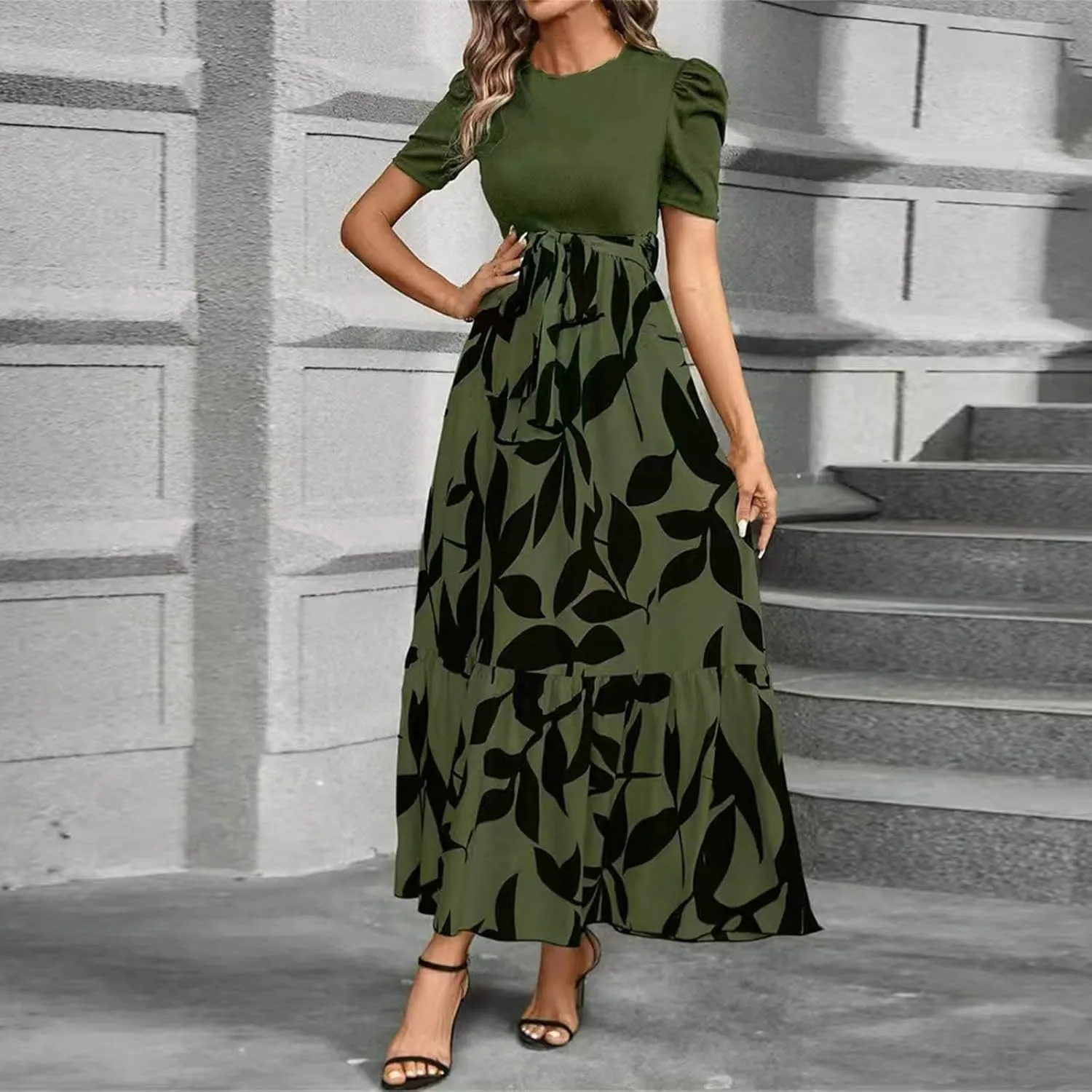 Maxi Dresses for Women 2025 Formal Wedding Guest Patchwork Puff Sleeve Tie Waist Belted A Line Swing Dress