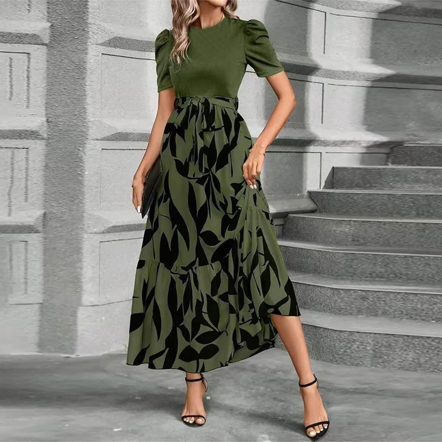 Maxi Dresses for Women 2025 Formal Wedding Guest Patchwork Puff Sleeve Tie Waist Belted A Line Swing Dress