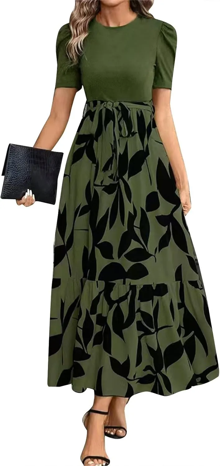 Maxi Dresses for Women 2025 Formal Wedding Guest Patchwork Puff Sleeve Tie Waist Belted A Line Swing Dress