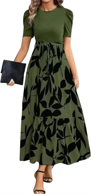 Maxi Dresses for Women 2025 Formal Wedding Guest Patchwork Puff Sleeve Tie Waist Belted A Line Swing Dress