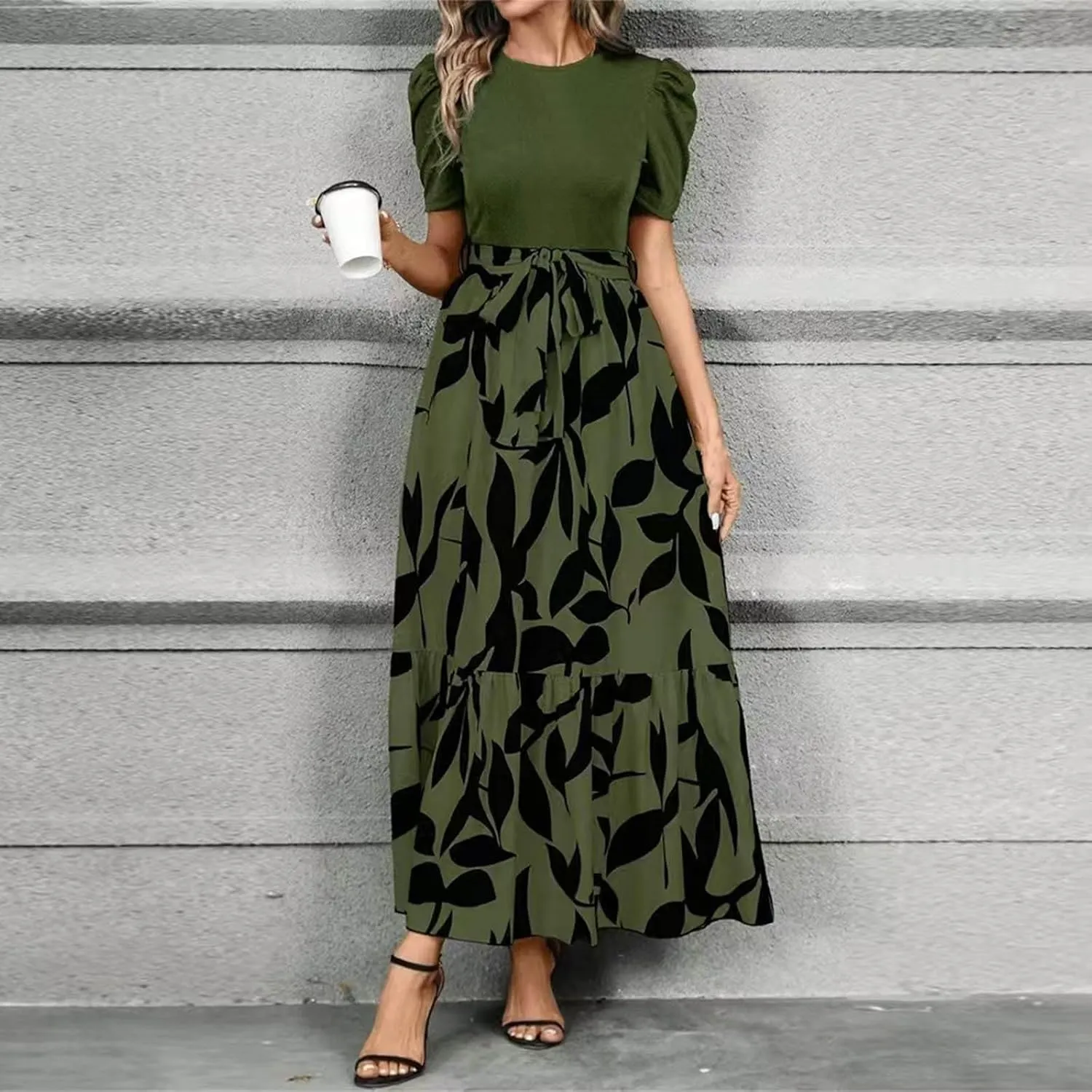 Maxi Dresses for Women 2025 Formal Wedding Guest Patchwork Puff Sleeve Tie Waist Belted A Line Swing Dress