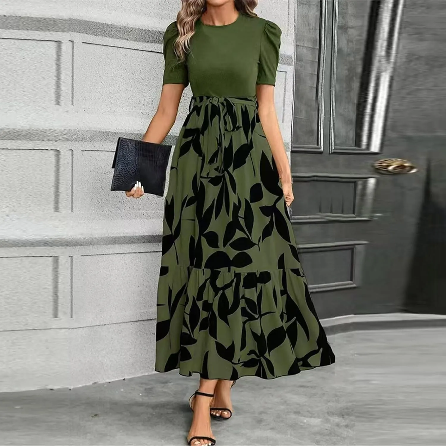 Maxi Dresses for Women 2025 Formal Wedding Guest Patchwork Puff Sleeve Tie Waist Belted A Line Swing Dress