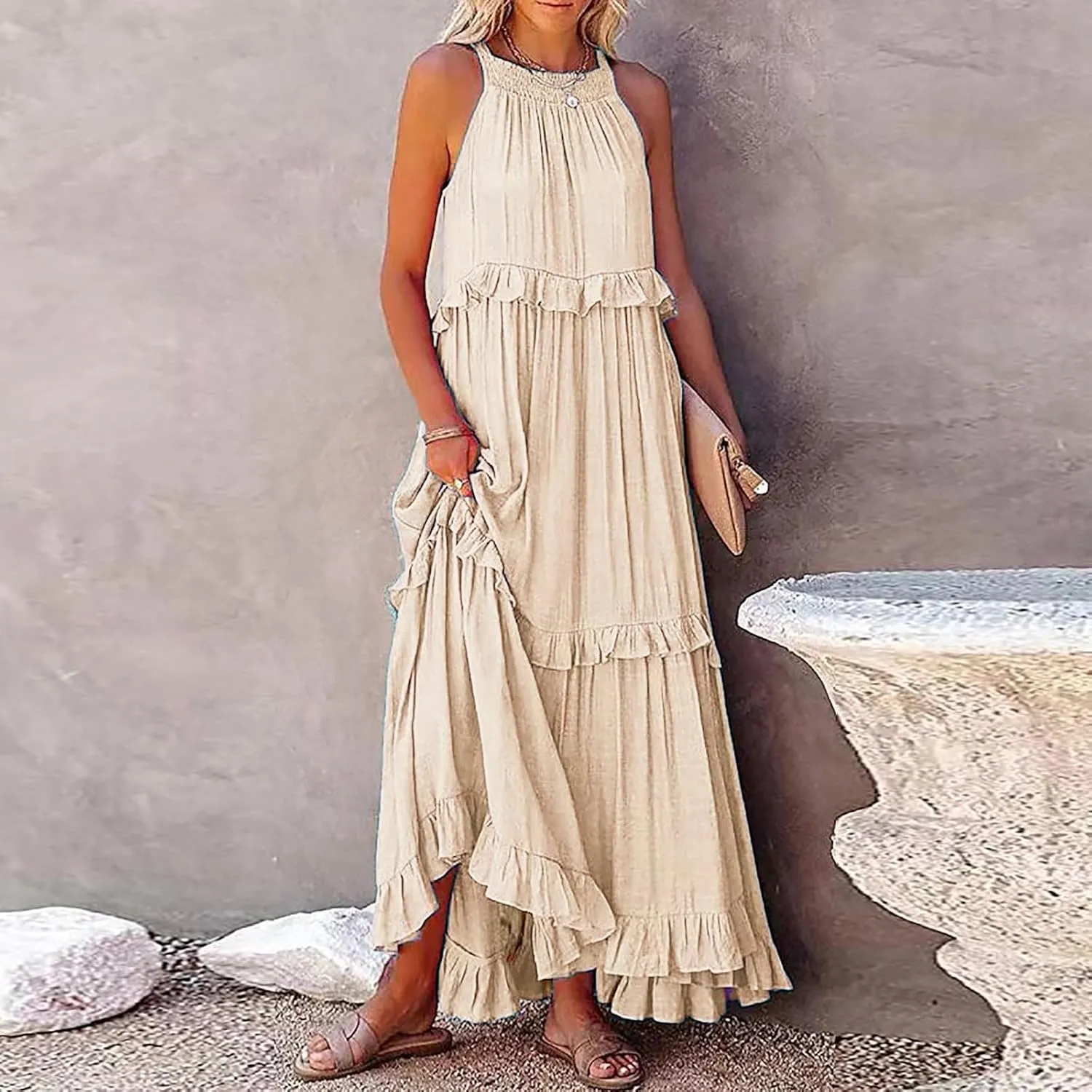 Maxi Dresses for Women 2025 Halter Flowy Ruffle Tiered Long Dress Casual Summer A Line Swing Beach Sundress