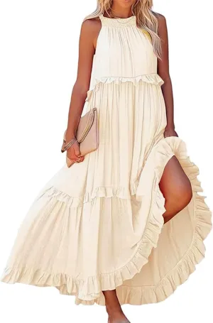 Maxi Dresses for Women 2025 Halter Flowy Ruffle Tiered Long Dress Casual Summer A Line Swing Beach Sundress