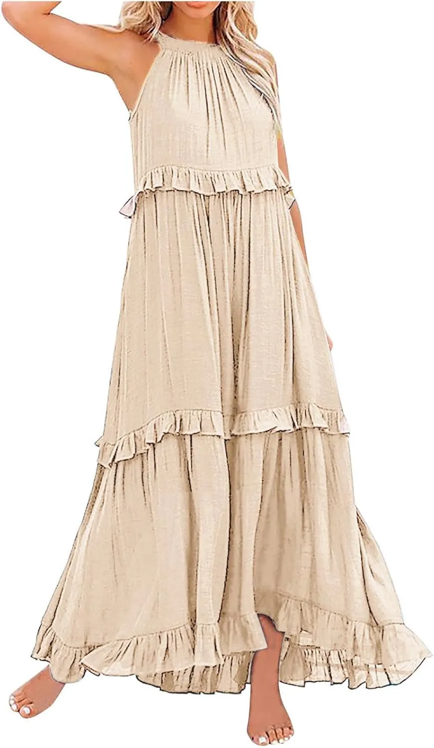 Maxi Dresses for Women 2025 Halter Flowy Ruffle Tiered Long Dress Casual Summer A Line Swing Beach Sundress