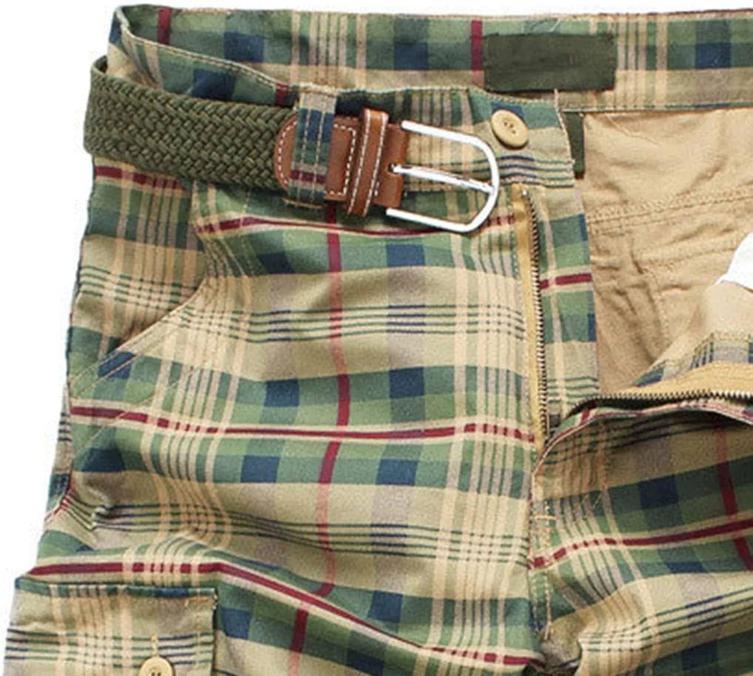 Men's Belt Plaid Cotton Cargo Shorts Side-Pockets Summer Casual Twill Shorts Relaxed Fit Outdoor Hiking Shorts