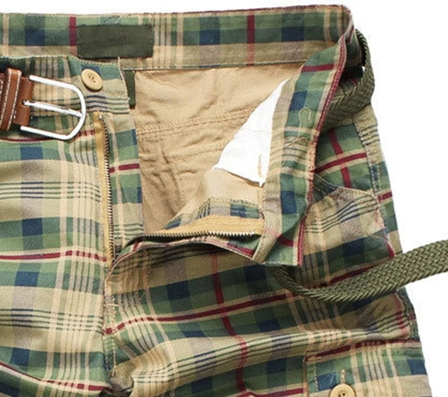 Men's Belt Plaid Cotton Cargo Shorts Side-Pockets Summer Casual Twill Shorts Relaxed Fit Outdoor Hiking Shorts