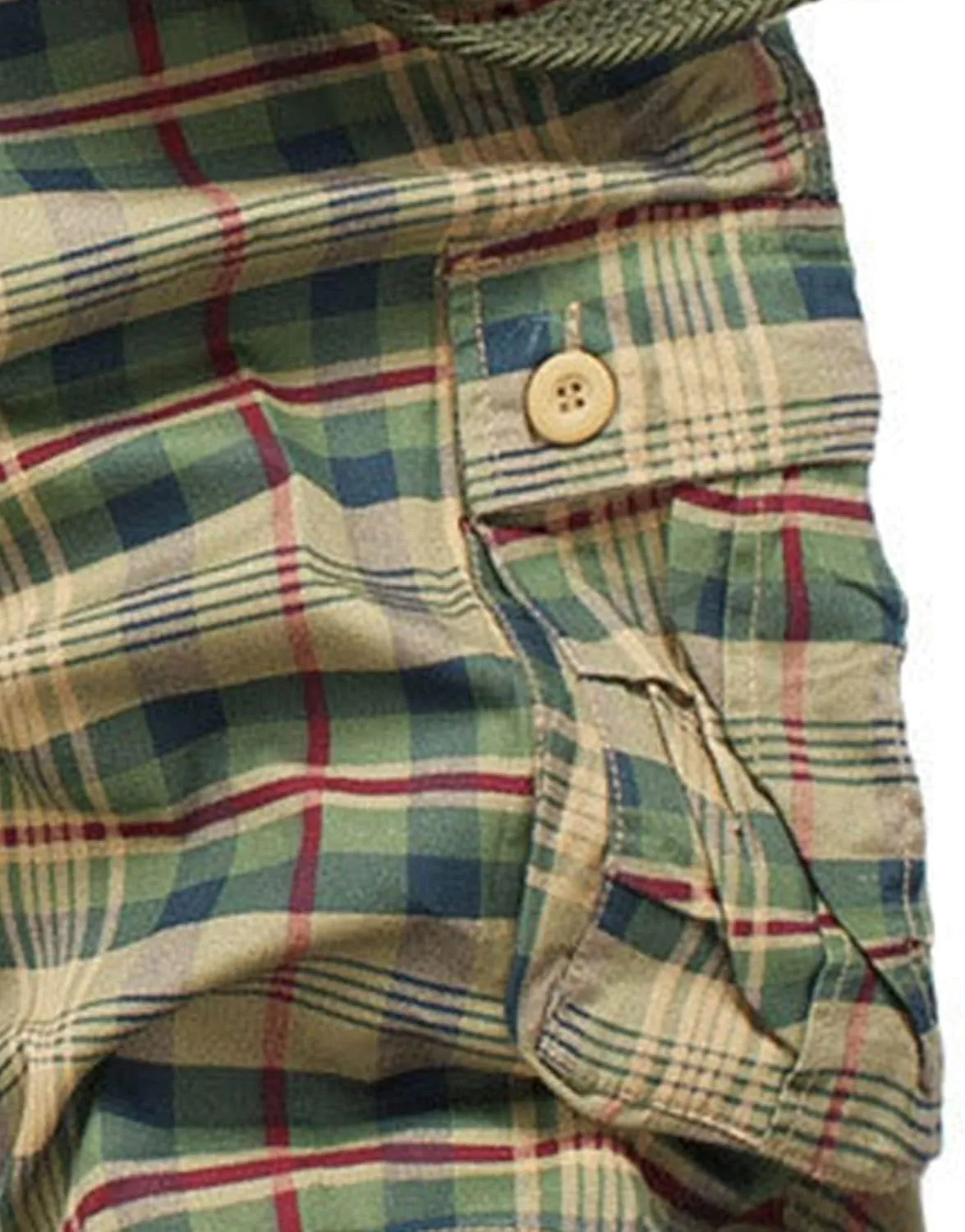 Men's Belt Plaid Cotton Cargo Shorts Side-Pockets Summer Casual Twill Shorts Relaxed Fit Outdoor Hiking Shorts