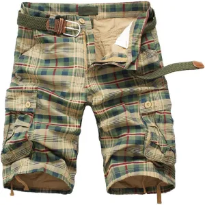 Men's Belt Plaid Cotton Cargo Shorts Side-Pockets Summer Casual Twill Shorts Relaxed Fit Outdoor Hiking Shorts