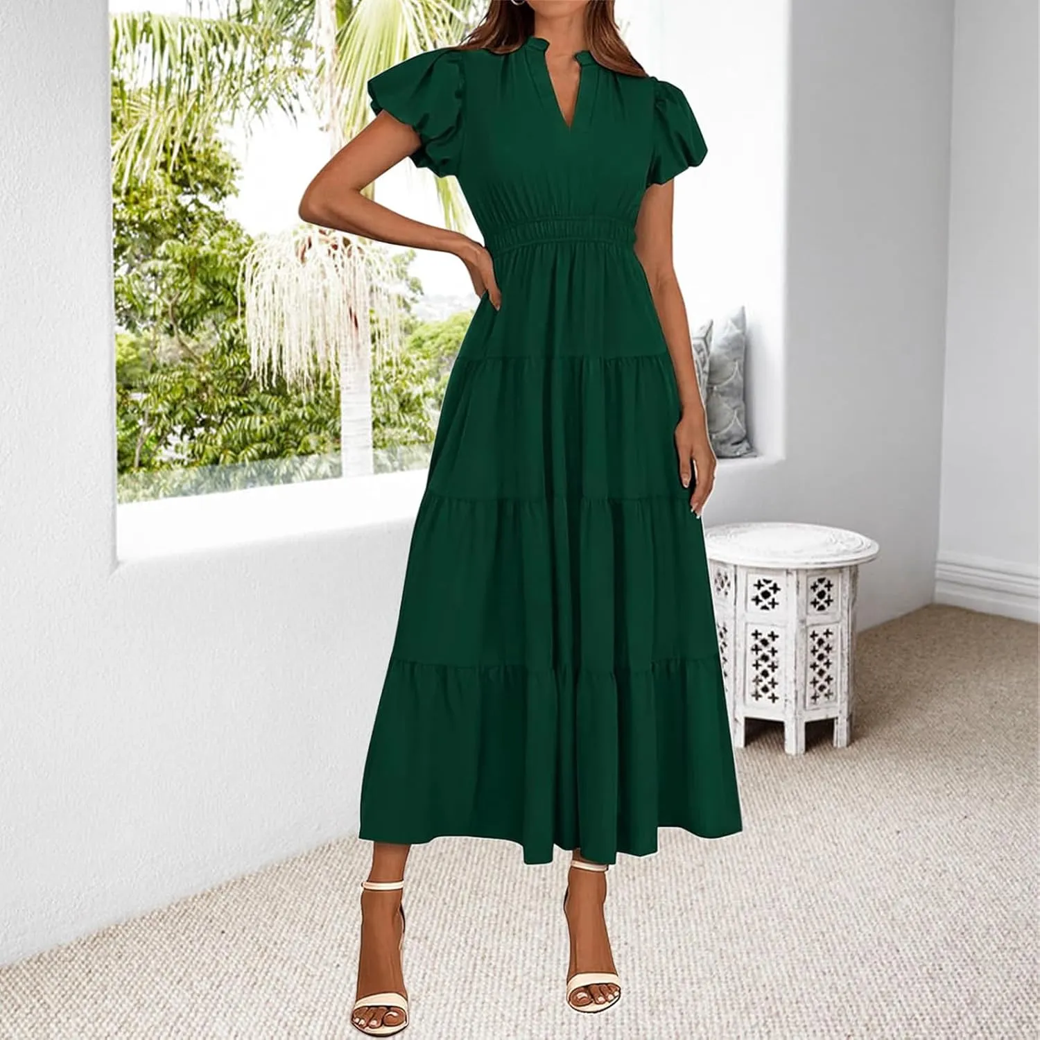 Midi Dresses for Women Casual Summer Maxi Dress Long V Neck A Line Dress Short Sleeve Boho Beach Sundress Pockets