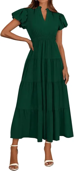 Midi Dresses for Women Casual Summer Maxi Dress Long V Neck A Line Dress Short Sleeve Boho Beach Sundress Pockets