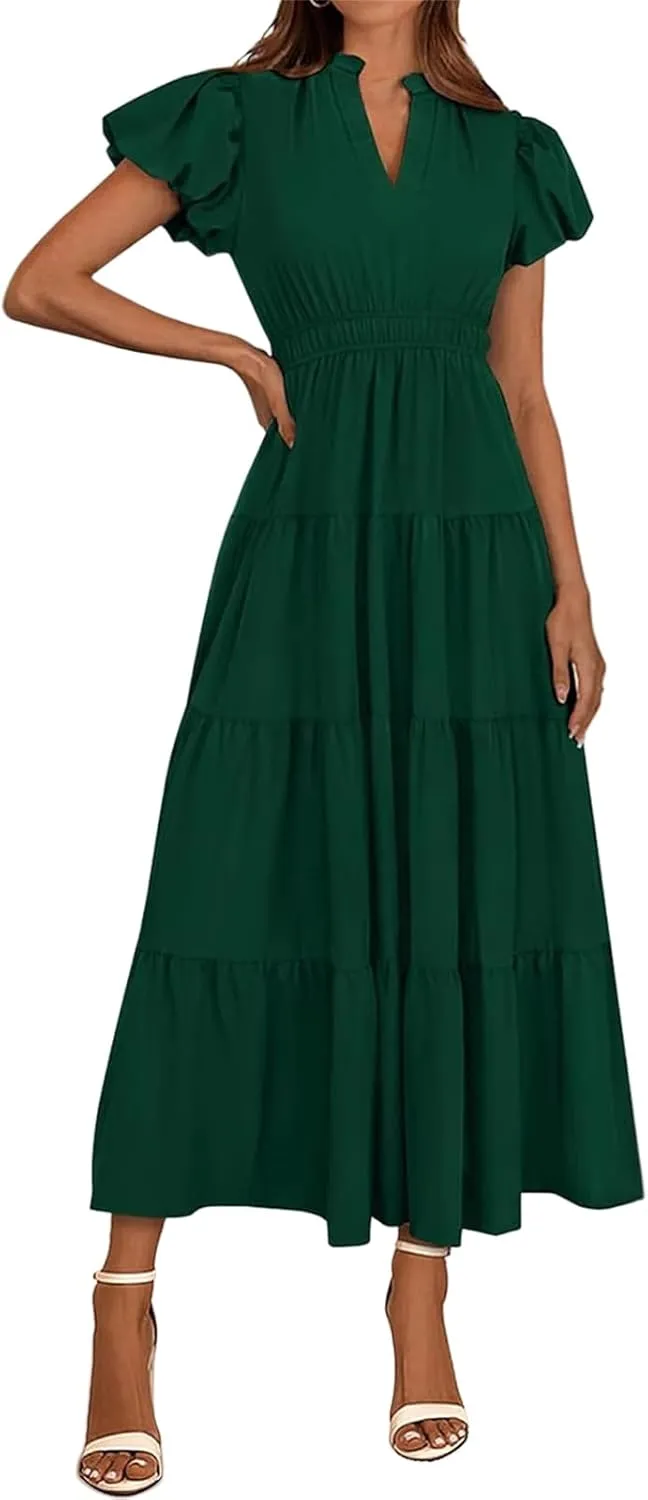 Midi Dresses for Women Casual Summer Maxi Dress Long V Neck A Line Dress Short Sleeve Boho Beach Sundress Pockets