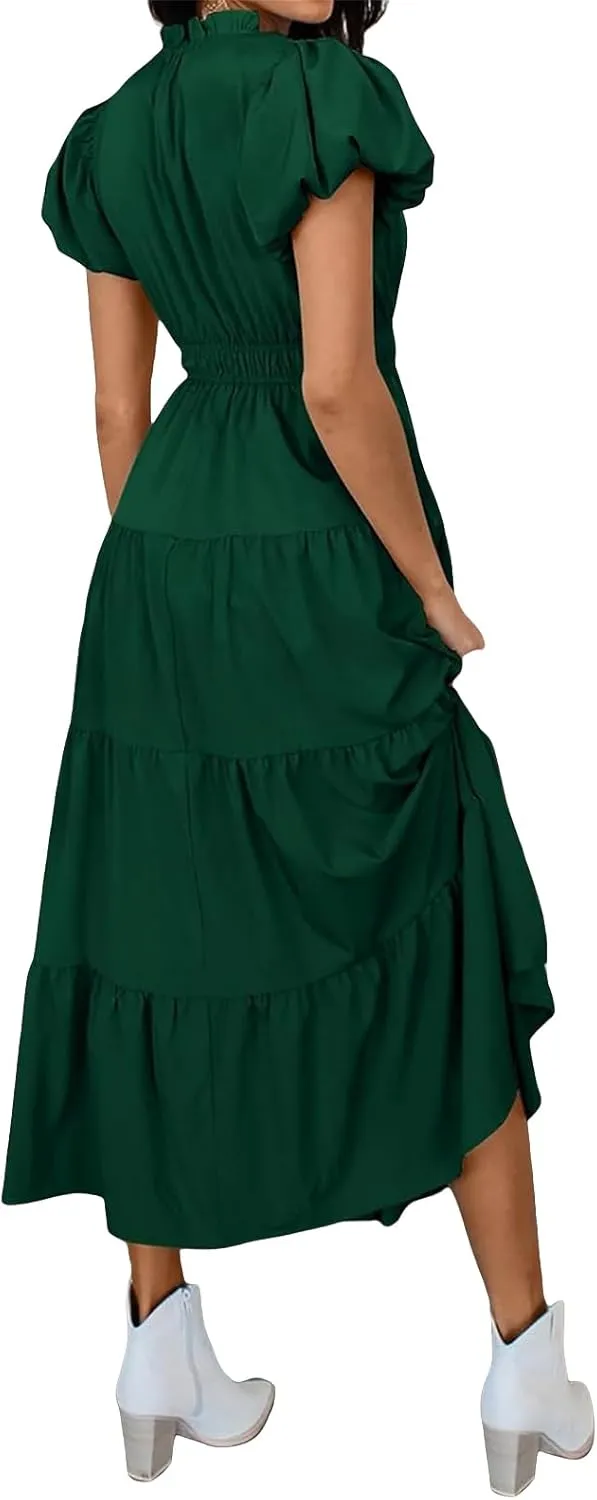 Midi Dresses for Women Casual Summer Maxi Dress Long V Neck A Line Dress Short Sleeve Boho Beach Sundress Pockets