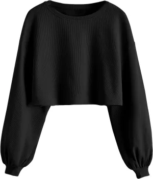 OYOANGLE Women's Casual Basic Crew Neck Raw Hem Crop Sweatshirt Long Sleeve Crop Tops
