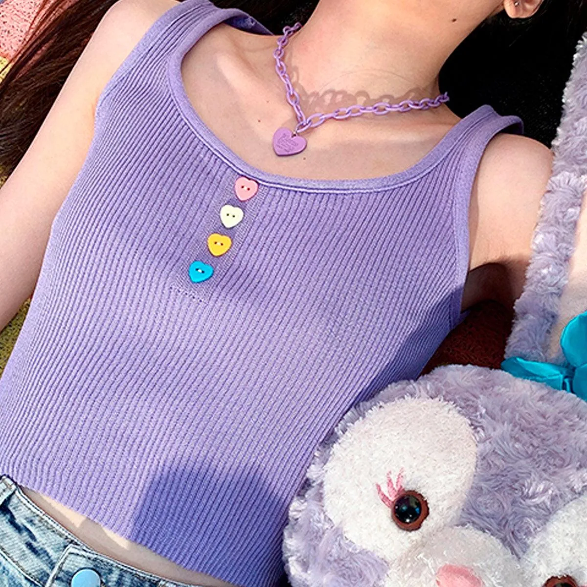Pastel Color Heart Buttons Crop Top