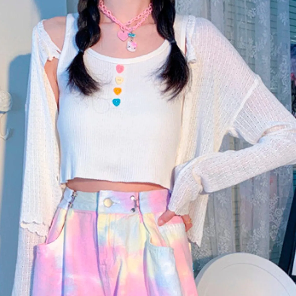 Pastel Color Heart Buttons Crop Top