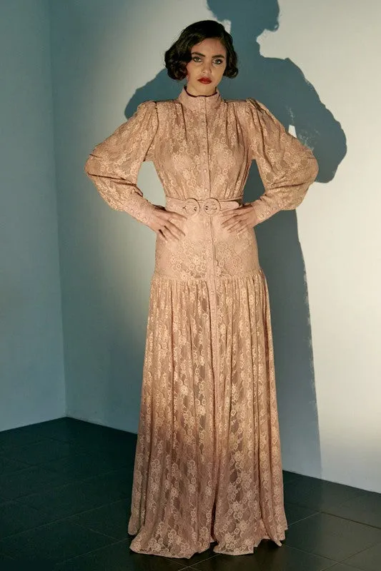 Peach Pink Button Front Lace Maxi Dress
